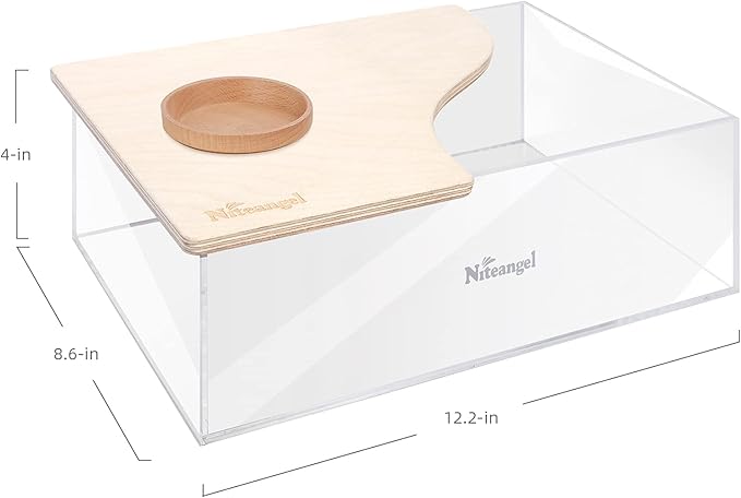 Niteangel Small Animal Sand-Bath Box: - Acrylic Critter's Sand Bath Shower Room & Digging Sand Container for Hamsters Mice Lemming Gerbils or Other Small Pets (Rectangle, Birch-Wood)