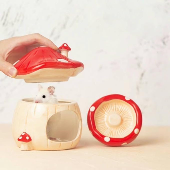 Ceramic Mushroom Hamster Hideout with Detachable Lid (Pink) - Cute Hamster House, Habitat Decor for Dwarf Rabbits, Guinea Pigs, Chinchillas, and Small Pets