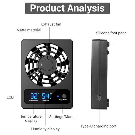 Reptile Ventilation Fan, USB Dehumidifier for Rainforest Terrarium with LCD Digital Display, Increasing Air Circulation for Amphibians, Reptiles, Snakes, Tortoise, Lizard Tank