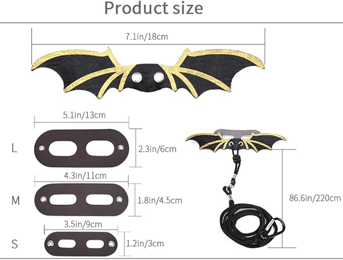 Bearded Dragon Leash and Harness Set, 3 Size Adjustable Lizard Harnesses with Silver Black Wing, Soft Reptile Leash for Small Animal Outdoor Walking