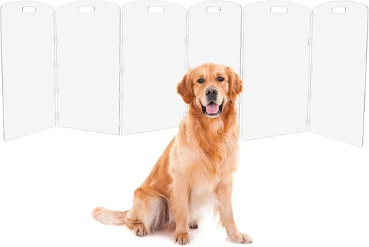 Modern Frame Clear Acrylic Freestanding Dog Gate - 32" Tall Extra-Wide Folding 6-Panel Pet Barrier for Doorways, Stairs & Large Openings, Indoor Fence for Small to Large Dogs & Cats