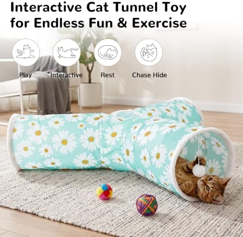 Tempcore Cat Tunnel, 3-Way Collapsible Toy, Large Size Daisy Blue Printed - Image 4