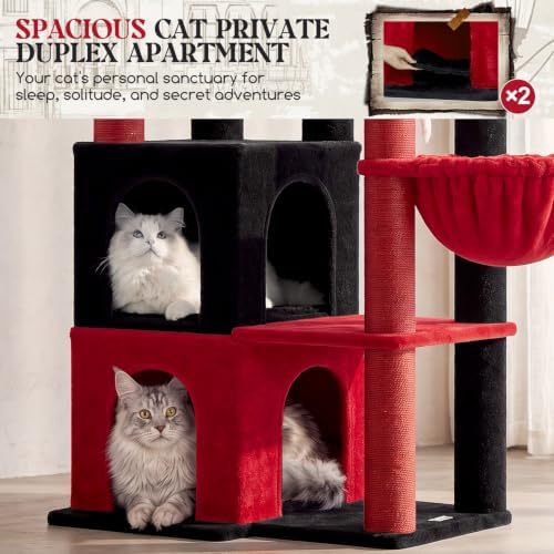 Globlazer Cat Tree Tower for Indoor Cats, Sturdy Adult Cat Tree House for Large Adult Cats with 2 Platform, 6 Cat Scratching Post, 2 Cat Caves, Dangling Toys, S63, 63 inch, Red Black - Image 3