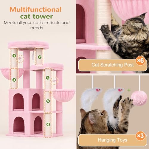 Globlazer Cat Tree Tower for Indoor Cats, Sturdy Adult Cat Tree House for Large Adult Cats with 2 Platform, 6 Cat Scratching Post, 2 Cat Caves, Dangling Toys, S63, 63 inch, Pink - Image 5