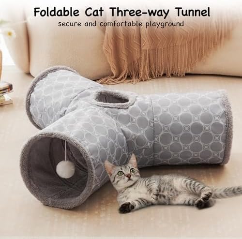 Tempcore Fleece-Lined Cat Tunnel, 3-Way Collapsible Toy, Geometry Grey - Image 3