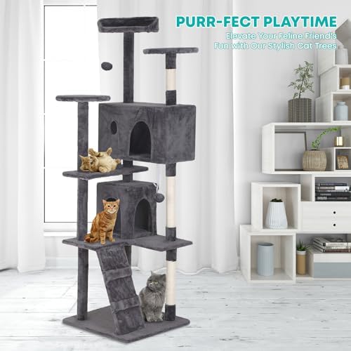 FDW | 70" Cat Tree Tower | Light Gray | Multi-Level Indoor Activity Center with Sisal Scratching Posts, Condos, Plush Perches, Hanging Cat Toys | Sturdy, Easy to Assemble | for Kittens & Adult Cats - Image 2