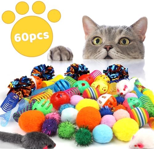 QUOZUO Kitten Toys, 60PCS Cat Balls Springs Toy Set, Cat Mouse Toy, Kitten Sparkle Crinkle Balls Furry Soft Pom Pom - Image 2