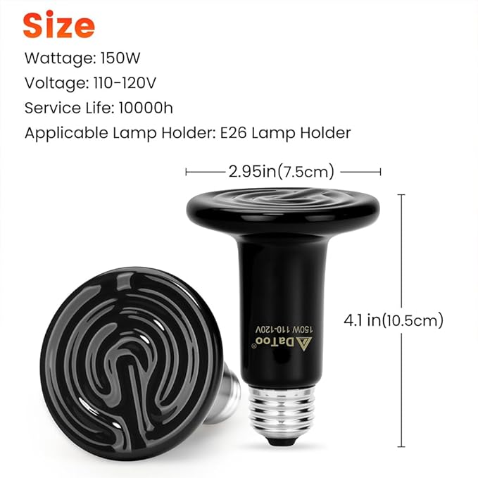 DaToo Ceramic Reptile Heat Lamp 150W Ceramic Heat Emitter E26 No Light Night Heat Bulb for Reptile Terrarium Tank Lizards Snakes Hedgehogs Turtles Cats Dogs Chicken
