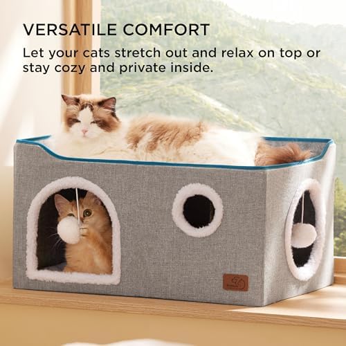 Bedsure Extra Wide Cat House Bed with Fluffy Ball and Scratch Pad,Grey - Image 3