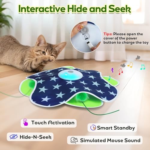 Saolife Interactive Cat Toys with Moving Feather Concealed in Mat, Motion Activated, Mouse Squeaky, Rechargeable Cat Exercise Toys for Bored Cats - Image 2