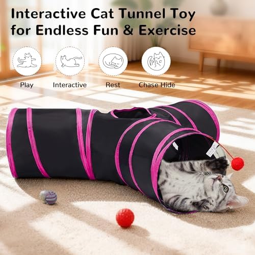 Tempcore Cat Tunnel, 3-Way Collapsible Toy for Indoor Cats, Black & Red - Image 2