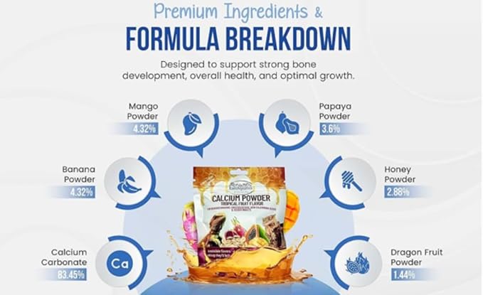 Calcium Powder - Tropical Fruit Flavor - for Lizards, Bearded Dragons, Crested Geckos, and Feeder Insects. Nutritious, 100% Natural, Tasty