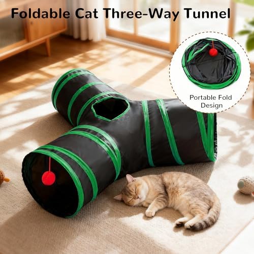 Tempcore Cat Tunnel, 3-Way Collapsible Toy for Indoor Cats, Black & Green - Image 6