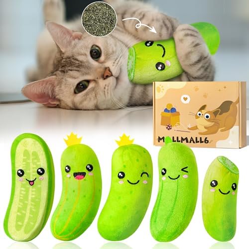 MALLMALL6 Pickle Catnip Cat Toys - 5Pcs Indoor Kitten Chew Bite Kick Cucumber Catmint Interactive Toys for Cat Lover Gifts, Kitty Boredom Relief Supplies with Cute Expression for Pet Birthday Presents by MALLMALL6