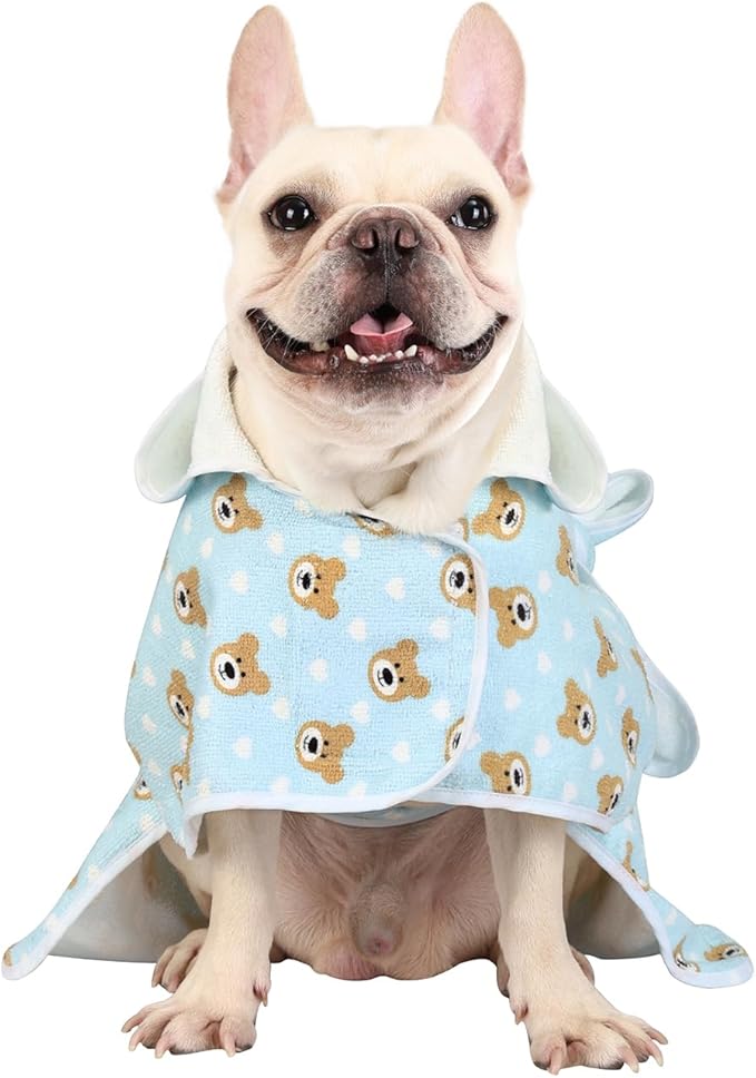 HDE Dog Bathrobe Super Absorbent Quick Drying Puppy Towel Wrap Coat Adjustable After Bath Robes with Hood for Dog Sizes S-XXL Teddy Bears M