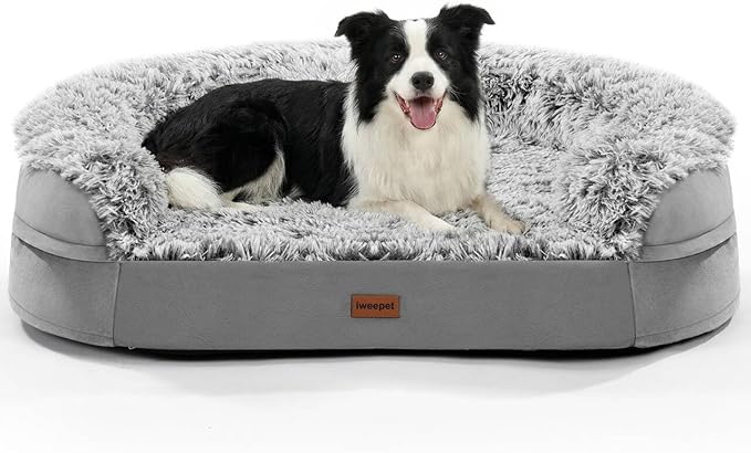 iweepet 3.7 inch Thickened Orthopedic Dog Beds for Large Dogs, Fluffy Supportive Dog Sofa Bed with 28D Egg-Crate Foam, Removable Washable Plush Cover, Waterproof Lining, Cozy Oval Design, Grey
