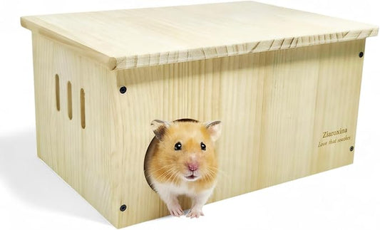 Solid Pine Multi Chamber Hamster Hideout House Removable Divider 3" Entrance for Syrian Hamsters 11.8" x 7.9" x 6.3" Natural Wood Nesting Hide House Small Pet Cage Habitat Accessory