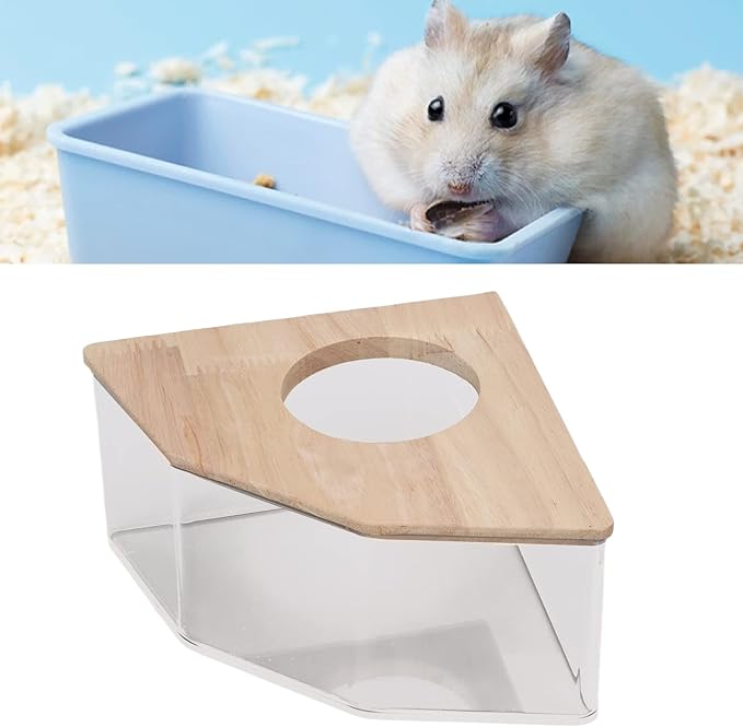 Pssopp Hamster Bath Box, Right Angle Fan Acrylic Safe Hamster Sand Bathroom with Wood Cover for and Other Small Pet Hamster