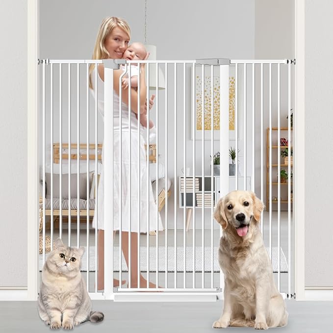 51.18" Tall Extra Tall Pet Gate Dog Door, Auto Close Safety Gates for Kitchen Living Room Doorways Hallway,Indoor Pet Gates for Dogs or Cats(Black) (White, 48.5-56.3")