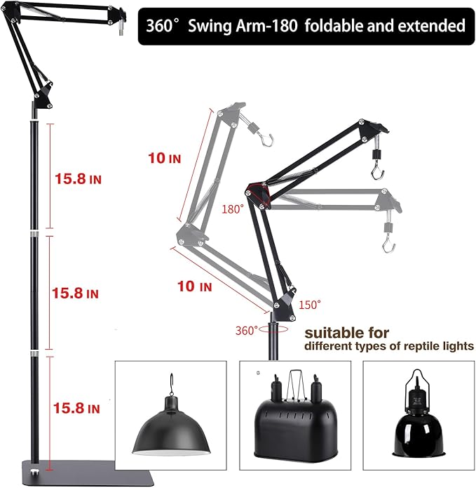 Metal Reptile Lamp Stand Tall Floor，Reptile Heat lamp Stand Adjustable with 360 °Swing Arm, Reptile Heating Lamp Stand Suitable for Different Types of Reptilee Lights (Includes Phone Holder)