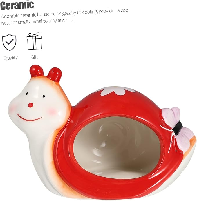 DOITOOL Ceramic Hamster Hideout, Adorable Cartoon Snail Shape Hamster House Cave, Chinchilla Hideout Small Animal Hideout Hut Cave Cage Accessories (Red and White)