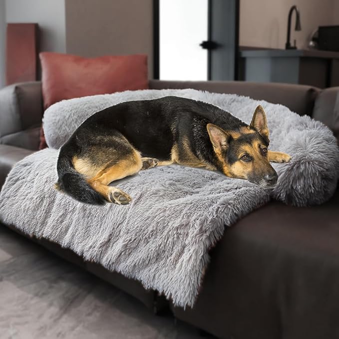 Tinaco Calming Dogs/Cats Bed Mats, Dog Pad Washable Removable Couch Cover, Plush Long Fur Mat for Pets, Waterproof Lining, Perfect for Small, Medium and Large Dogs and Cats (Light Gray, 45"x37")