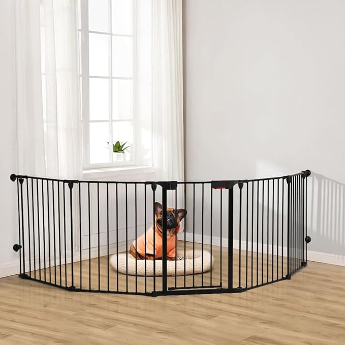 AGESISI Freestanding Dog Gates with Door Walk Through, Extra Wide Doggy Door 125" W x 29" H Pet Gate Safty 5 Panels Dog Fence for Stairs, Doorways