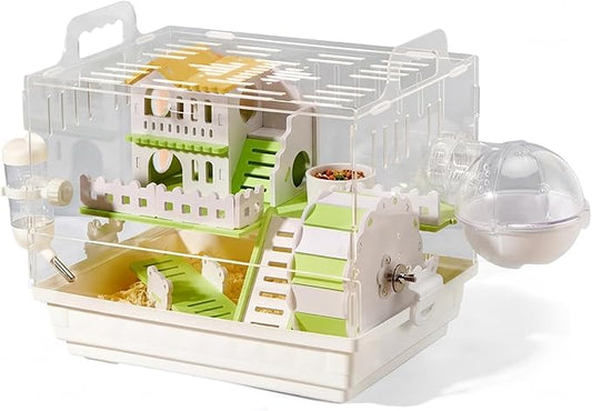 Loungewave Acrylic Hamster Cage, 2-Tier Gerbil Cage with Wooden Wheel, Small Dwarf Hamster Cage Habitat, Garden Mouse Cage for Pet Mice, Clear View Inside Easy to Clean, Green