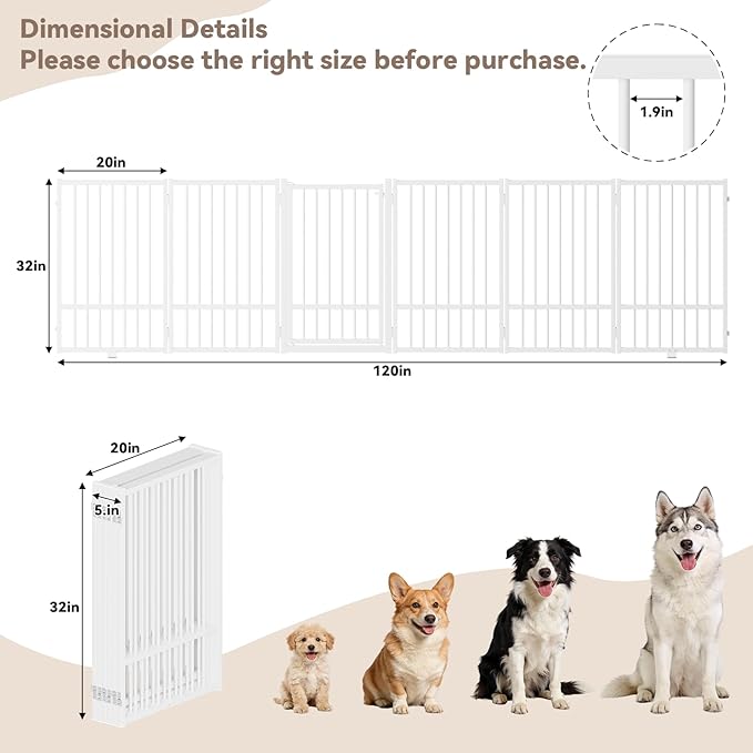 SNUOWU Full Metal Freestanding Dog Gate with Door, 32''Height Foldable Pet Dog Fence for Indoor & Outdoor, 6 Panels Extra Wide Free Standing TallDog Gates for Doorways,House,Stairs,Porch,Deck,Yard