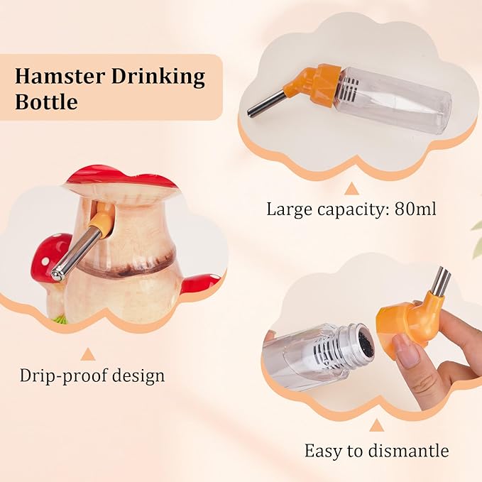 Ceramic Hamster Cage Accessories: Set Include Mushroom Hamster Hideout, Water Bottle and Food Bowl, Ideal for Gerbils and Guinea Pigs