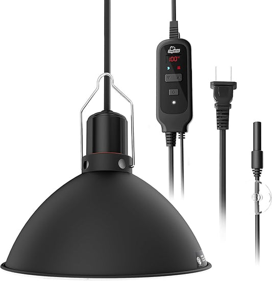 Reptile Light Fixture with Dimming Thermostat, 8.5 Inch Deep Dome Lamp Fixture with Temperature Controller for Bearded Dragon, Turtle, Snake and Lizard Tanks, Max 150W