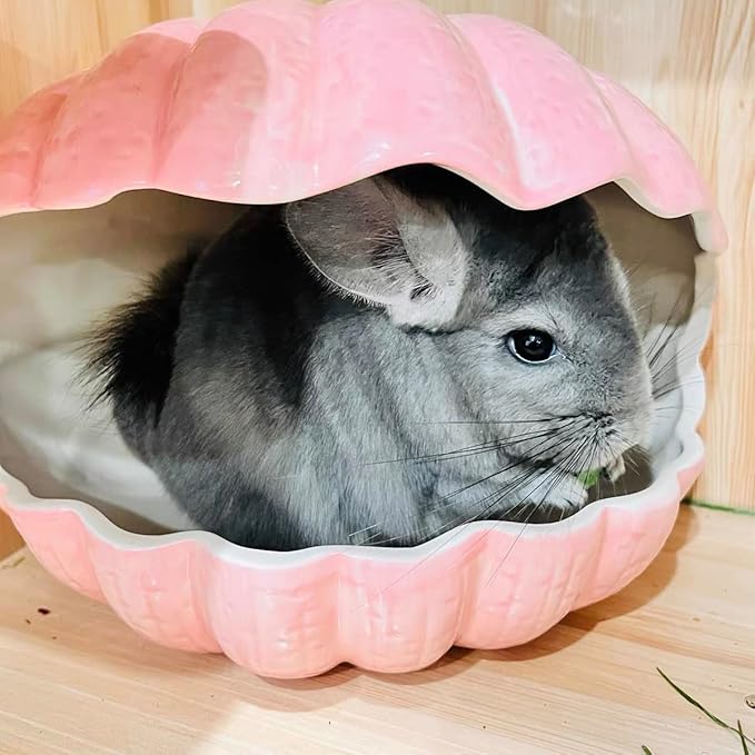 Small Animal Hideout Extra Large Ceramic Shell Shape Guinea Pig House Chinchilla Igloo Habitat Hut Cave Summer Bed Cage Accessories for Hedgehog Rabbit Hamster Gerbil Rat (XL (9.5''x7''x7.9''), Pink)