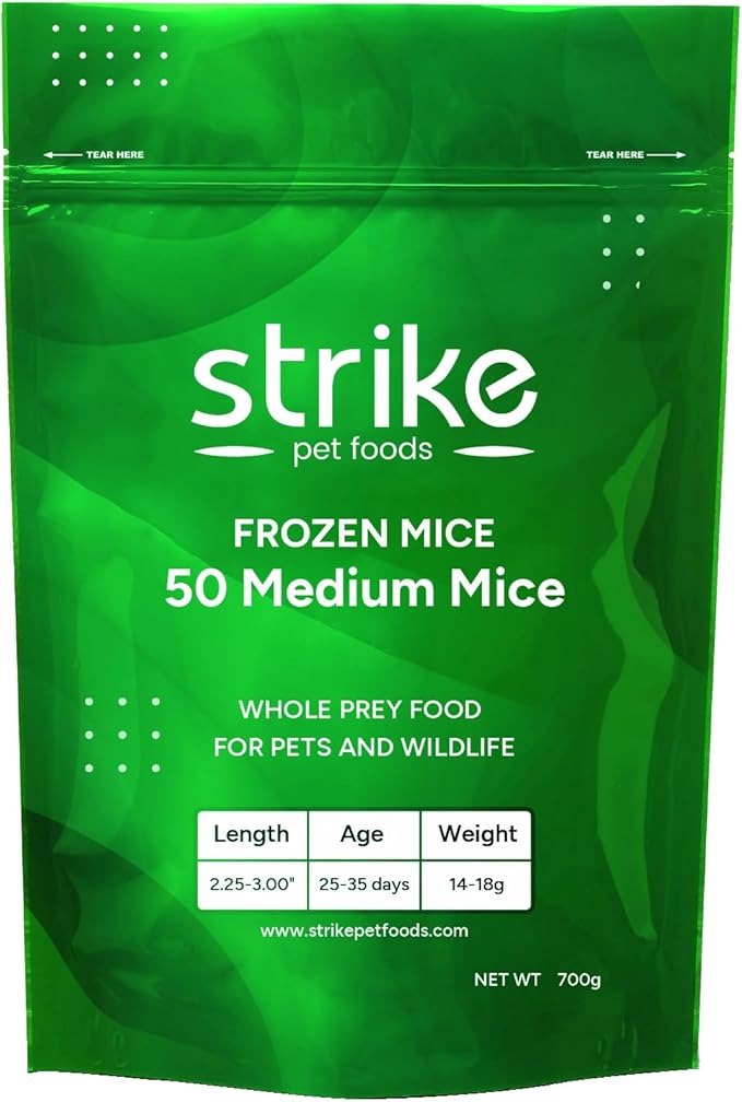 STRIKE Medium Frozen Mice for Snake Food, Ideal Size Feeder Mice for Juvenile Ball Pythons, Large Carnivorous Lizards, Adult King Snakes and Rosy Boas (14-18 Grams) (2.25-3 inches), 50 Count