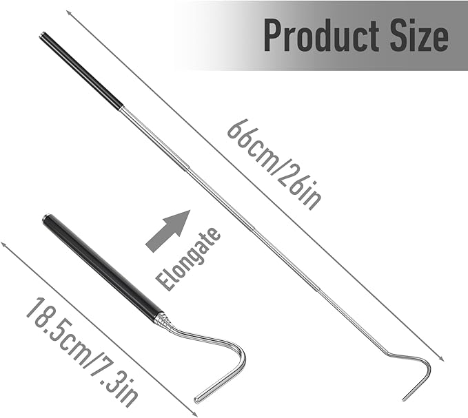 Stainless Steel Extensible Snake Hook 26 Inches, Retractable Reptile Hook Foldable Stainless Steel Snake Tool Portable Mini Snake Hook For Ball Python Snake Stick Pick-Up Handling Tool, Black