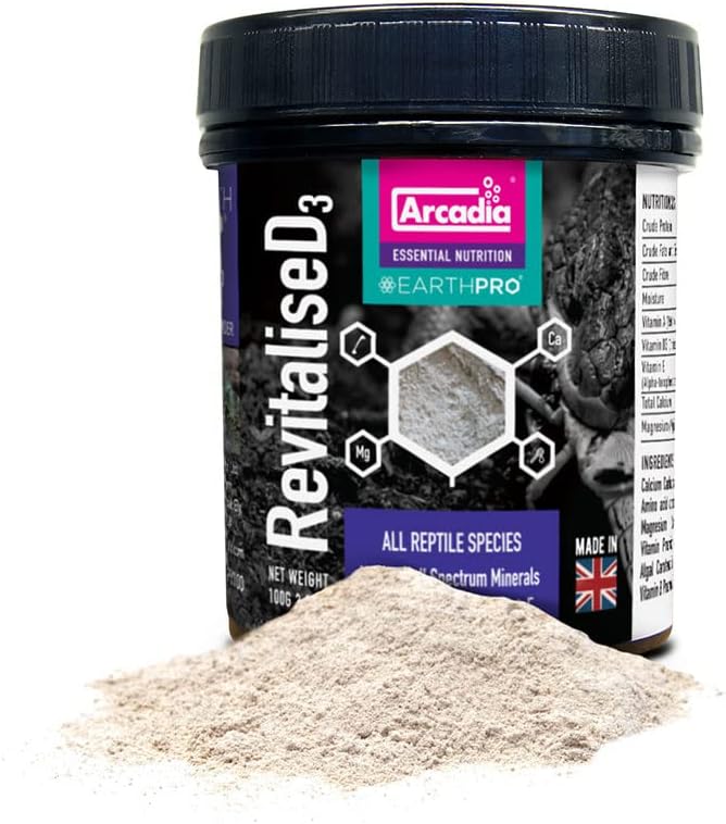Arcadia EarthPro RevitaliseD3 Calcium Powder for Reptiles 100g – All-Natural Full Spectrum Mineral Supplement with Reptile Calcium Carbonate, Bee Pollen, and Magnesium for Complete Nutrition