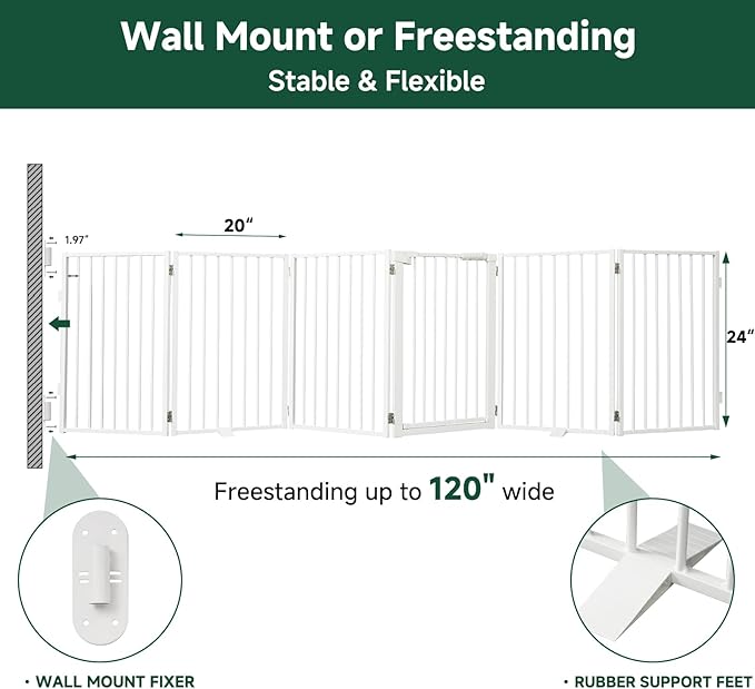 Snagle Paw Full Metal Freestanding Dog Gate with Door, 120” W x 24” H Pet Gate with Support Feet for Doorways, Stairs and Hallways, Portable Dog Fence for Indoor Use (24" 6 Panel, White)