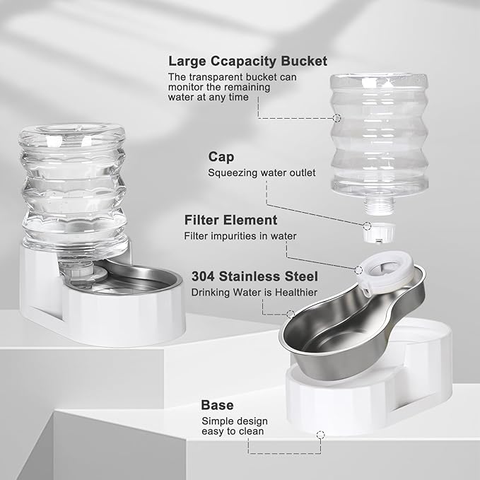 RIZZARI Dog Water Bowl Dispenser: 5L Large Stainless Steel Gravity Feeder - Remove Odor/Soften Water - Prevent Urinary Stones to Extend Lifespan - Leak-Proof - for Small to Medium-Sized Dogs and Cats
