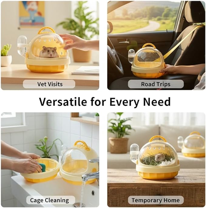 Portable Small pet Carrier with Water Bottle – Hamster Travel cage with Transparent Dome Design, Suitable for Hamsters, Sugar Gliders, and Guinea Pigs. (Cheese Yellow)