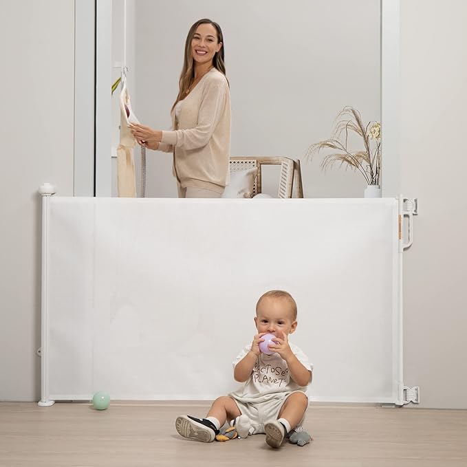 Momcozy Retractable Mesh Baby Gate or Dog Gate, Child Safety Gate for Indoor or Outdoor, 41-inches Tall with up to 71-inches Wide Extension, White
