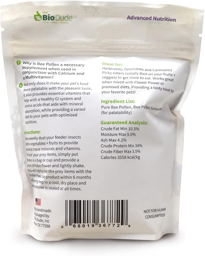 The Bio Dude Pollen Power 16 oz - Bee Pollen Supplement - High in Vitamins and Minerals for Bearded Dragons, Tortoises and Lizards