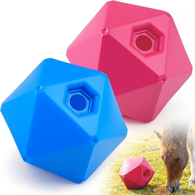 Horse Treat Ball, 9" Horse Ball Feeder Toy & Stress Reliever with 1.13 Inch Opening for Paddock, Slow Feed Enrichment Toys for Horses to Play(2 Pack,Pink Blue)