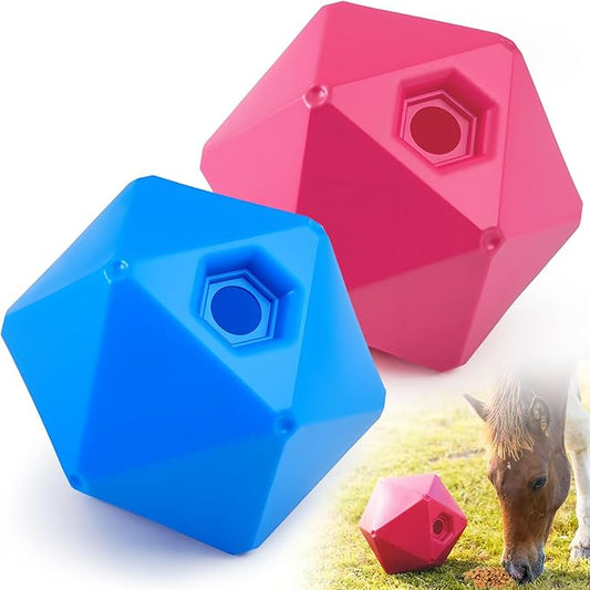 Horse Treat Ball, 9" Horse Ball Feeder Toy & Stress Reliever with 1.13 Inch Opening for Paddock, Slow Feed Enrichment Toys for Horses to Play(2 Pack,Pink Blue)