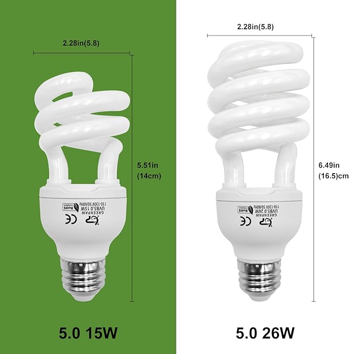 UVB Reptile Light, 5.0 26W UVA UVB Light for Reptiles, Spiral Compact Fluorescent UVB Bulb for Chameleons Tortoise Iguanas and Snakes