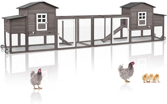 158" L Large Chicken Coop with Run, Mobile Chicken Hen House with Wheels, Nesting Boxes, Outdoor Rabbit Hutch, Poultry Cage for Chickens Ducks Bunny with Removable Tray, Ramp (Grey)