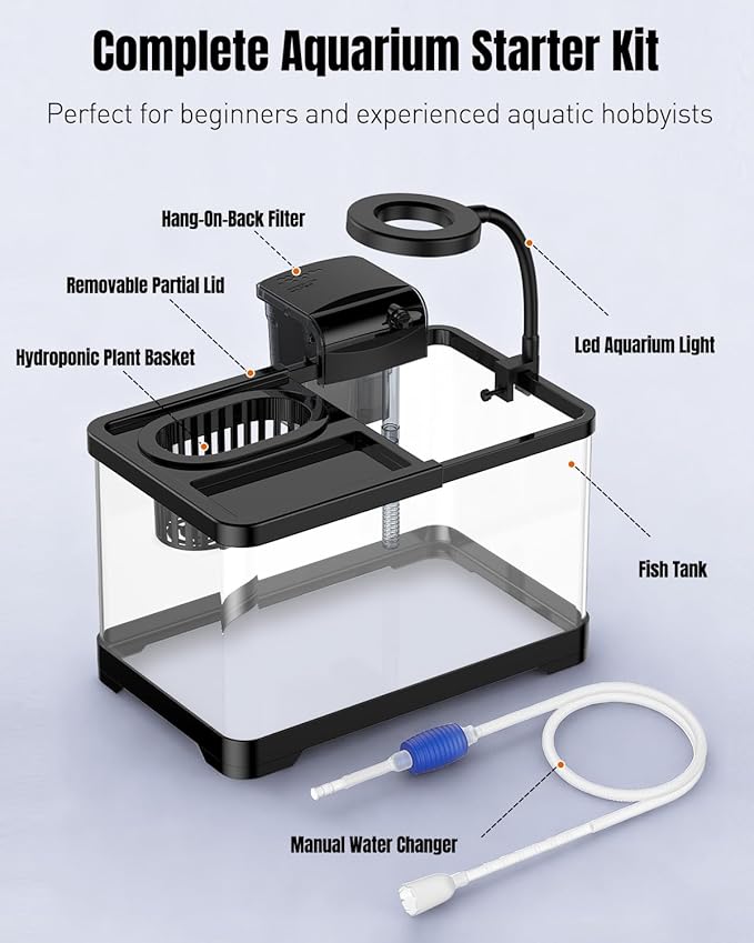 Pawfly 2.75 Gallon Fish Tank, Small Aquarium Kit, Betta Fish Tank Starter Kit with 6 W LED Light, 65 GPH Filter, Siphon Vacuum Water Changer & Basket, Aquarium for Betta, Shrim, or Small Fishes