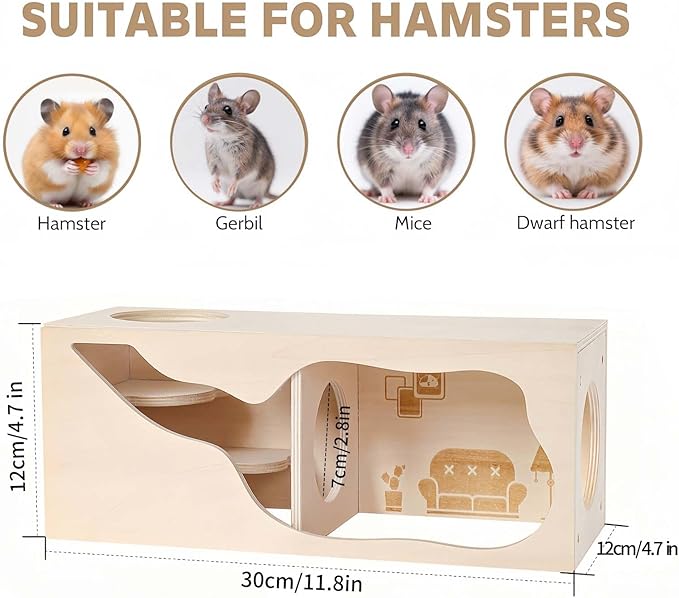 Marchul Magnetic Hamster Hideout Wooden House Chamber for Small Animals Pets Tunnel Exploring Toys for Dwarf Hamsters, Syrian, Gerbils, Hedgehogs, Rats, Mice (Living Room)