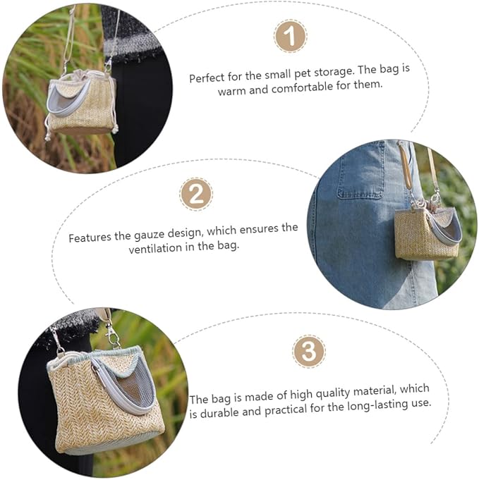 Pets Go Out Backpack for Small Animals Breathable Hamster Carrier with Ventilated Gauze Stylish Straw-Woven Design for Comfortable Travel and Outdoor Adventures