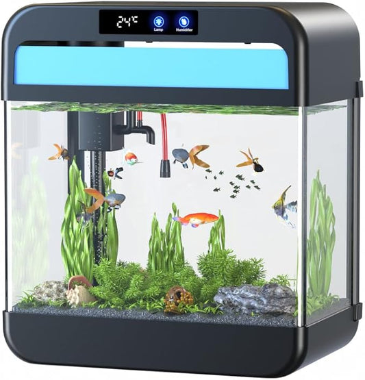 Fish Tank Aquarium 2.2 Gallon Fish Bowl with Humidifier 7 Color Auto-Looping Light 3 in 1 Pump with Filteration & Oxygenation & Circulation, Temperature Display, HD Float Glass, Thickened Base