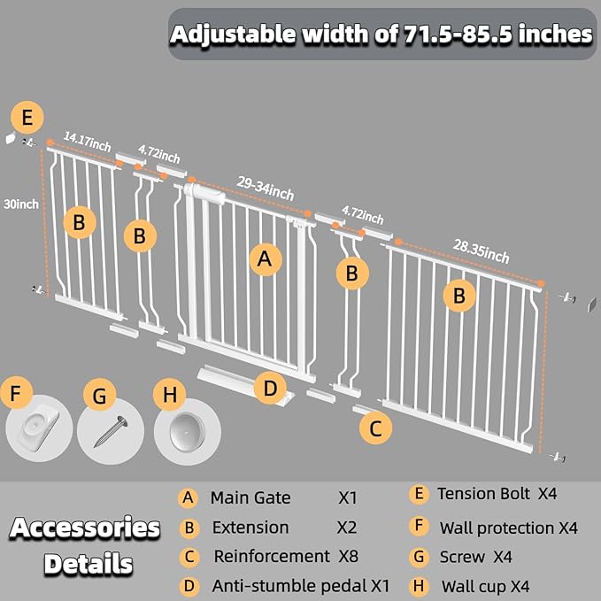 Baby Gate Extra Wide Fits 71.65-85.82 inch Wide Opening - Dog Pet Gates for Doorways Stairs No Drilling Pressure Mounted - Large Child Safety Gate Indoor Outdoor White