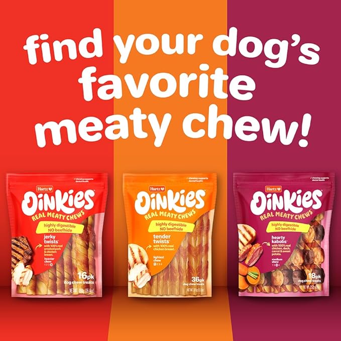 Hartz Oinkies Hearty Kabob Dog Treats with 100% Real Chicken, Duck, Sweet Potato & Carrot, Rawhide-Free, Natural Dog Treats, Highly Digestible Long Lasting Chews, 36 Count
